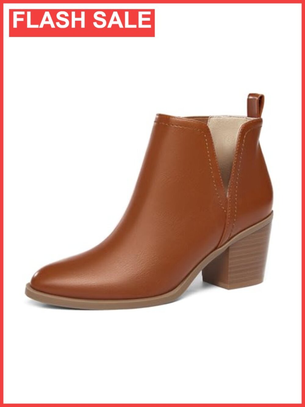 Faux Leather Cut Out Ankle Booties Chunky Stacked Heel Almond Toe Slip On